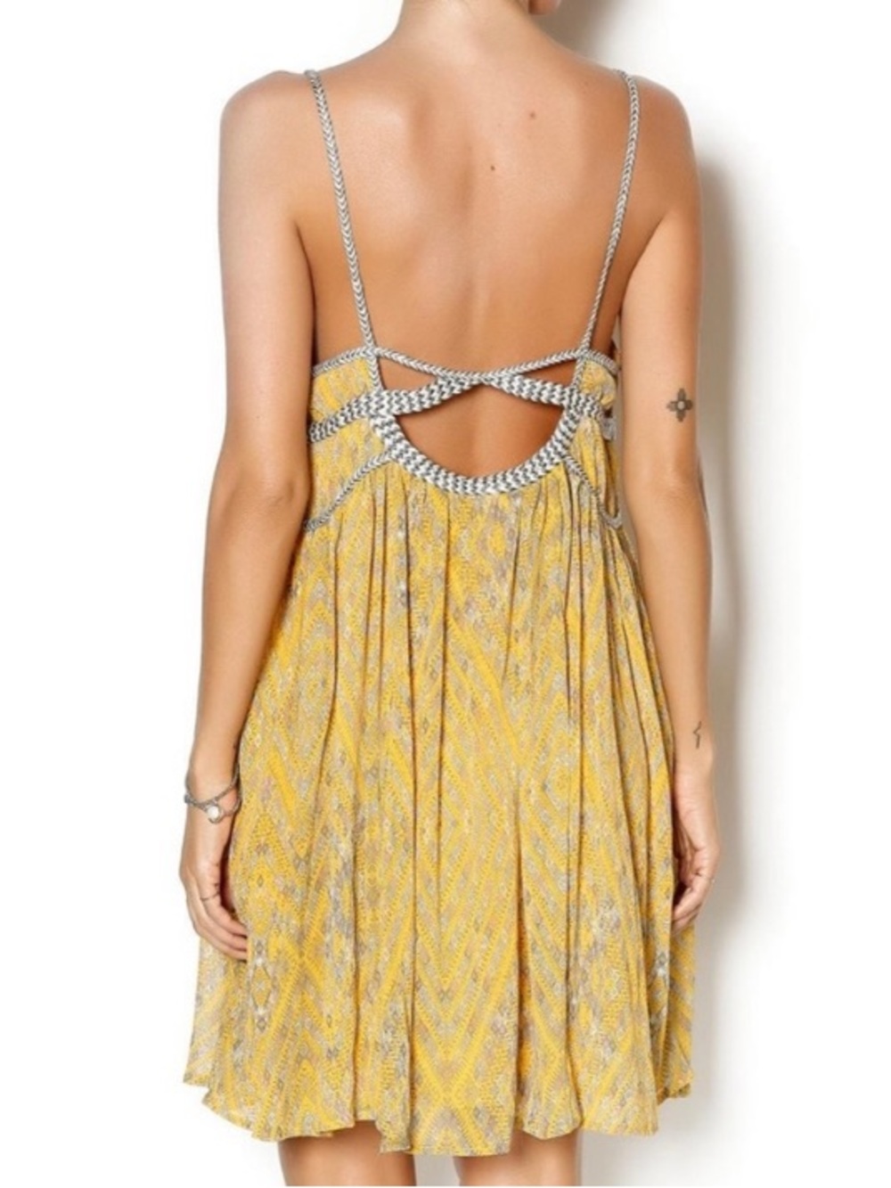 Free People “Periscopes in the Sky” Geometric Babydoll Mini Dress - Yellow/Gray